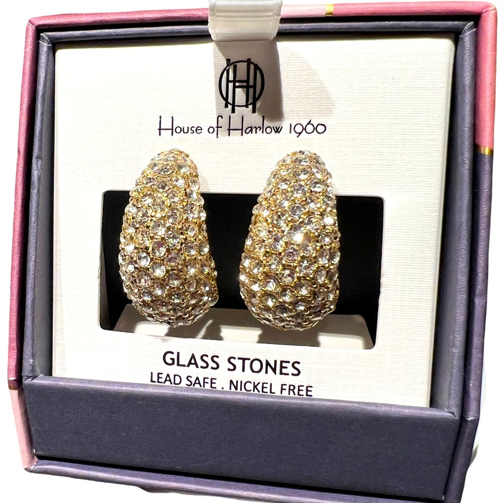 House of Harlow 1960 NWT Half Hoop Gold Tone Sparkling Glass Rhinestone Earrings - Picture 4 of 5